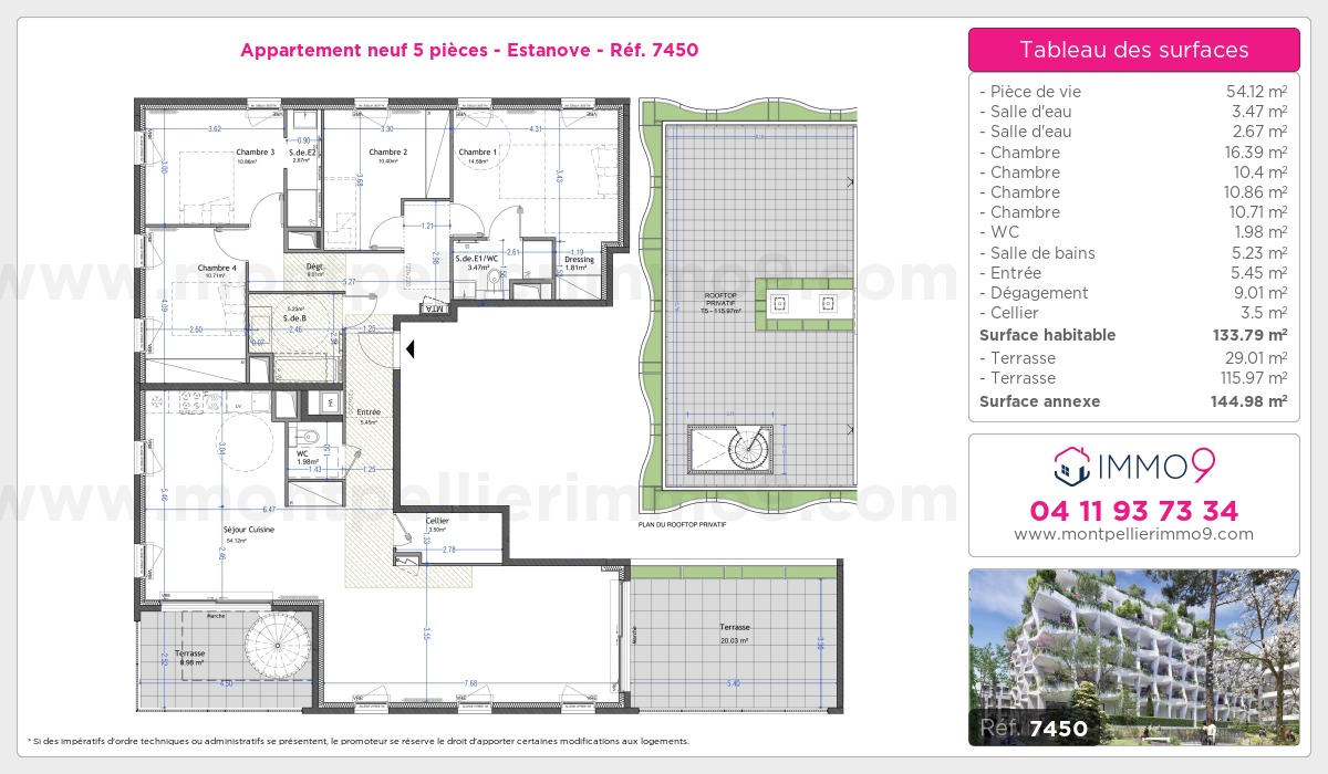 Plan et surfaces, Programme neuf Montpellier : Estanove Référence n° 7450