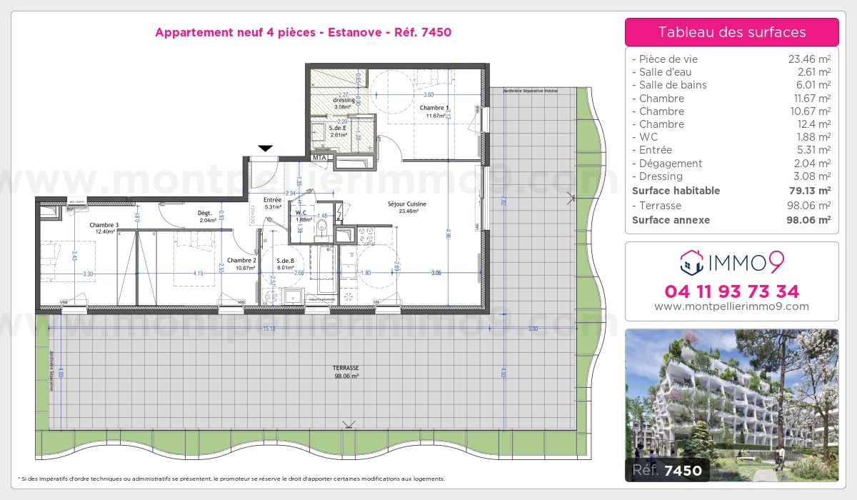 Plan et surfaces, Programme neuf Montpellier : Estanove Référence n° 7450