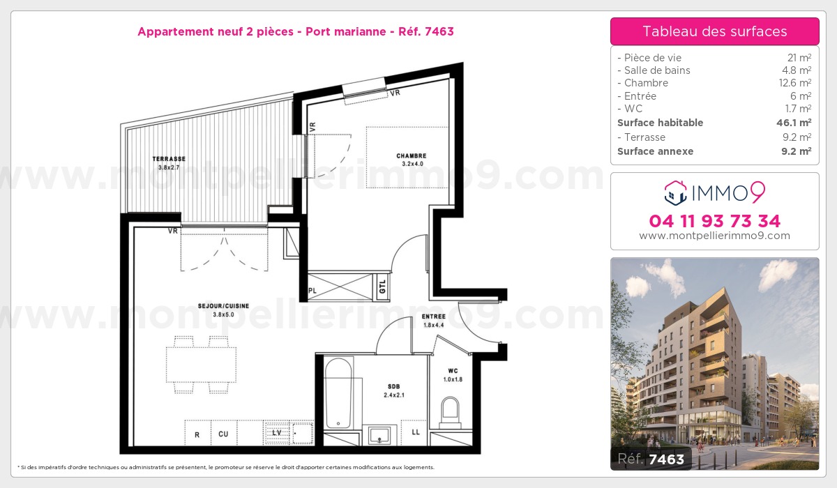Plan et surfaces, Programme neuf Montpellier : Port marianne Référence n° 7463