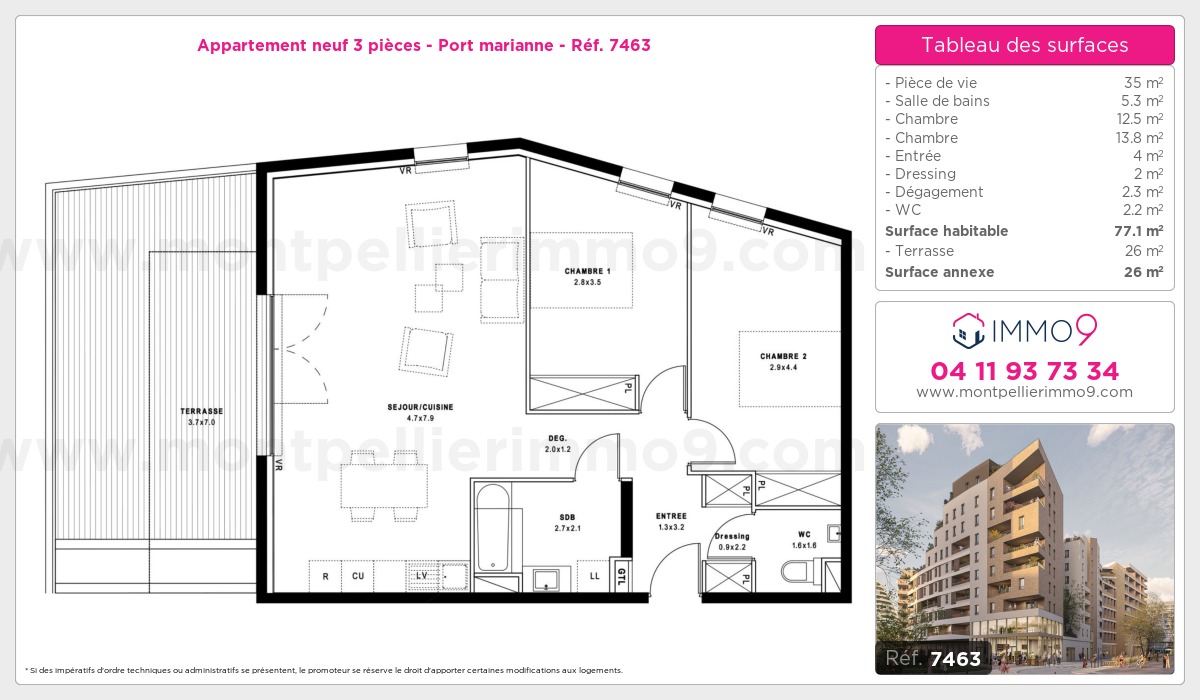 Plan et surfaces, Programme neuf Montpellier : Port marianne Référence n° 7463