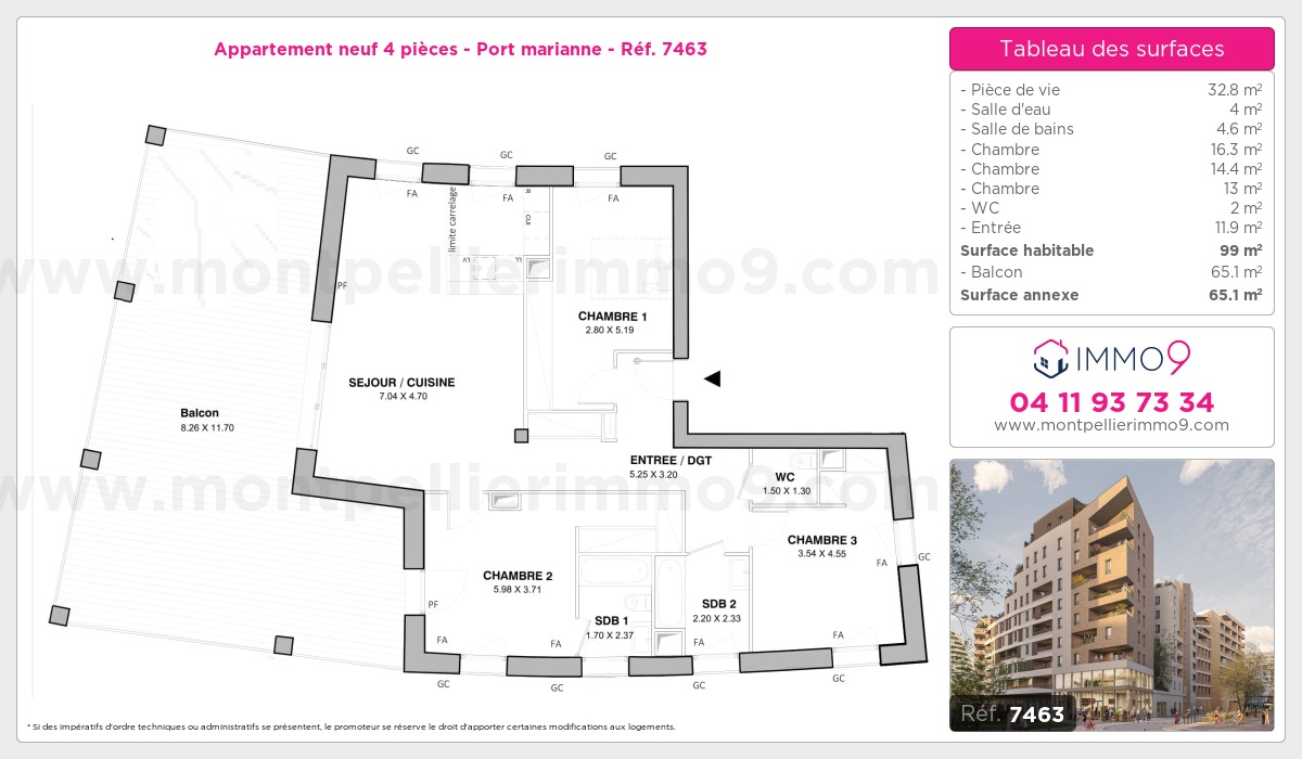 Plan et surfaces, Programme neuf Montpellier : Port marianne Référence n° 7463