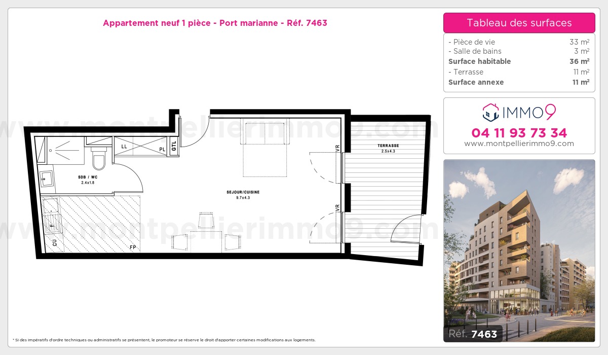 Plan et surfaces, Programme neuf Montpellier : Port marianne Référence n° 7463