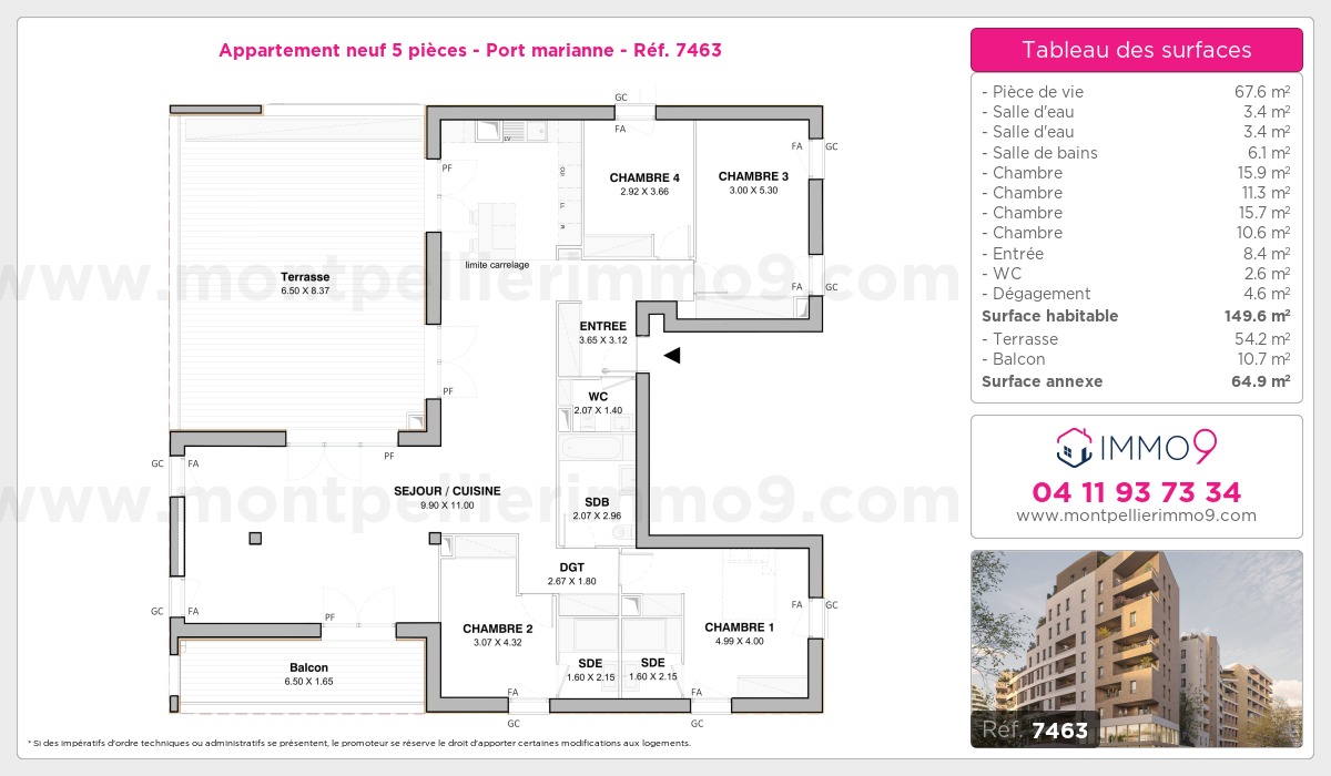 Plan et surfaces, Programme neuf Montpellier : Port marianne Référence n° 7463