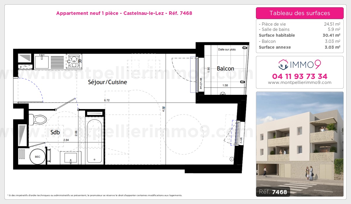 Plan et surfaces, Programme neuf Castelnau-le-Lez Référence n° 7468
