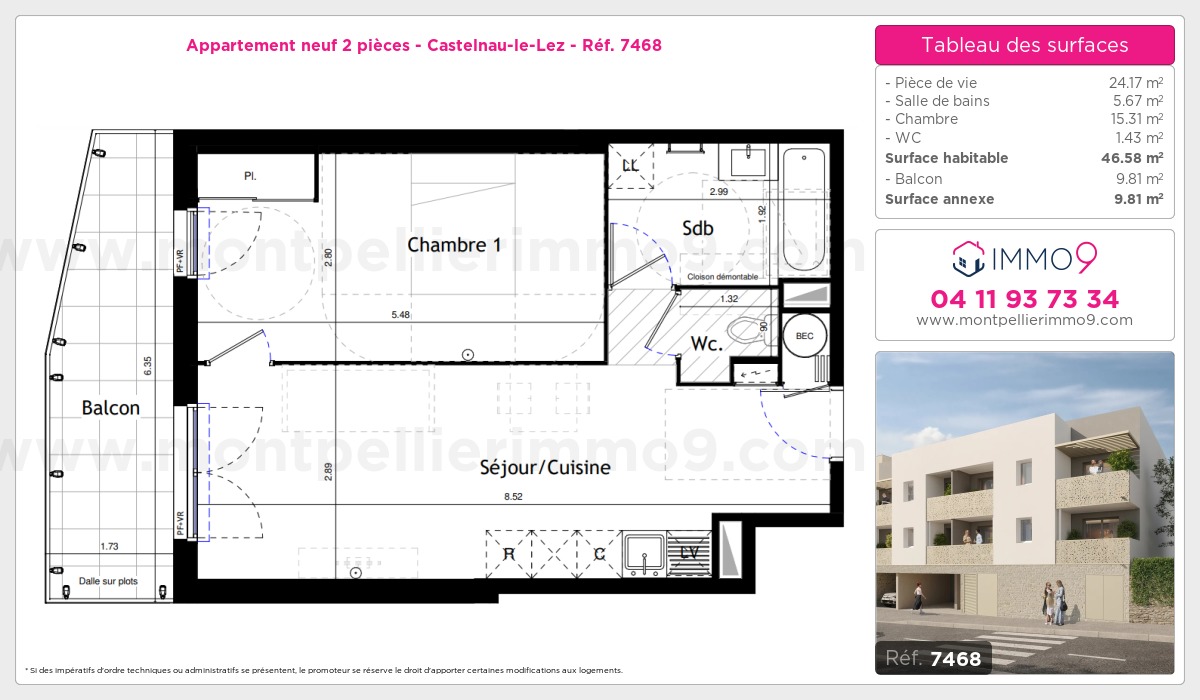 Plan et surfaces, Programme neuf Castelnau-le-Lez Référence n° 7468