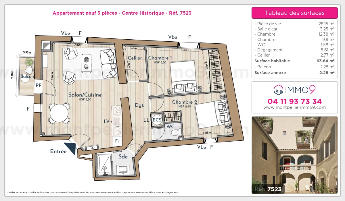 Plan et surfaces, Programme neuf Montpellier : Centre Historique Référence n° 7523