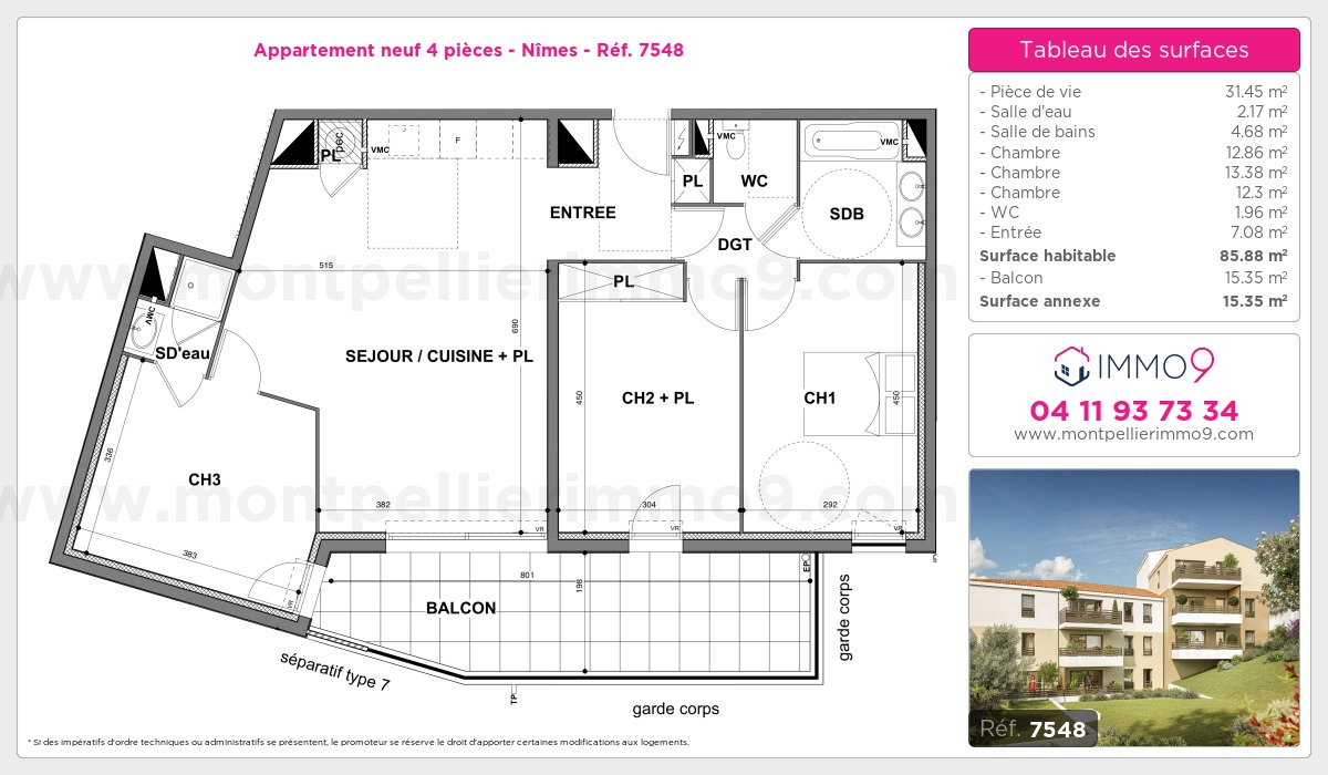 Plan et surfaces, Programme neuf Nîmes Référence n° 7548
