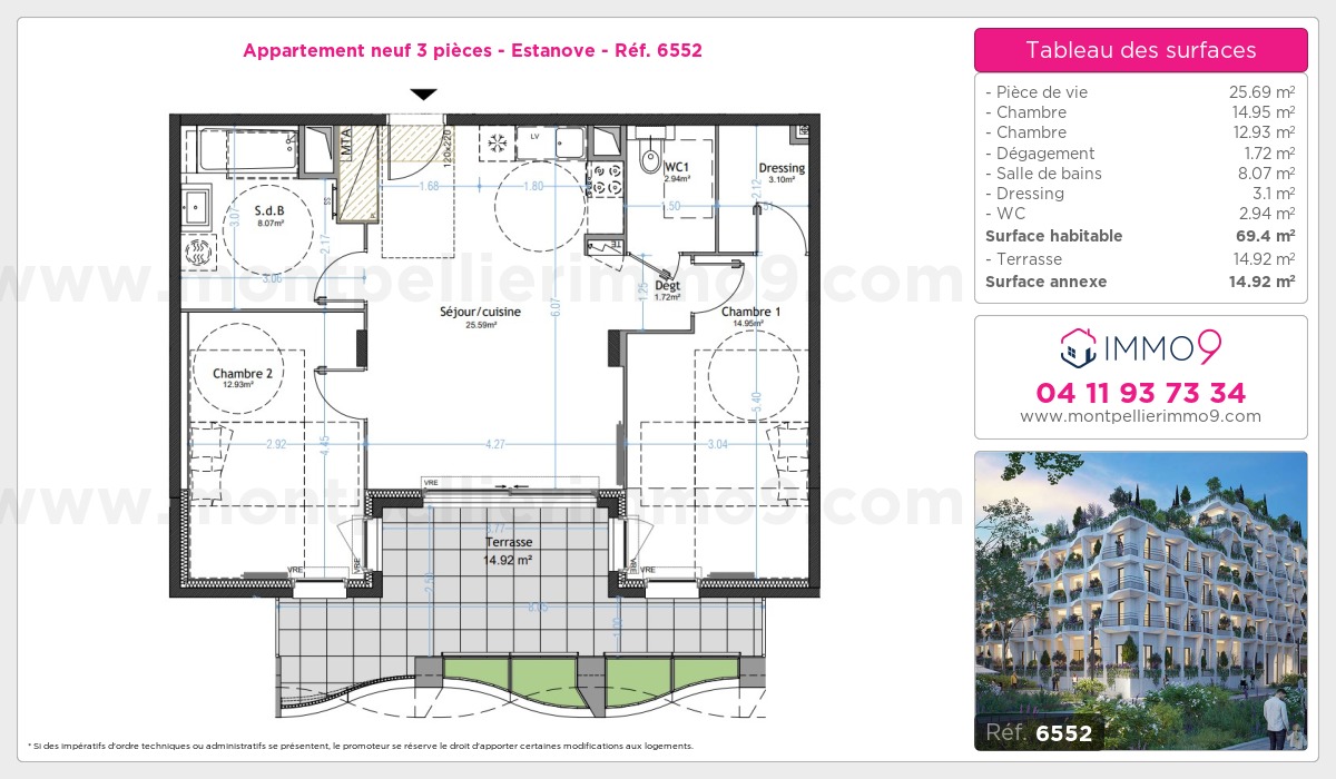 Plan et surfaces, Programme neuf Montpellier : Estanove Référence n° 6552