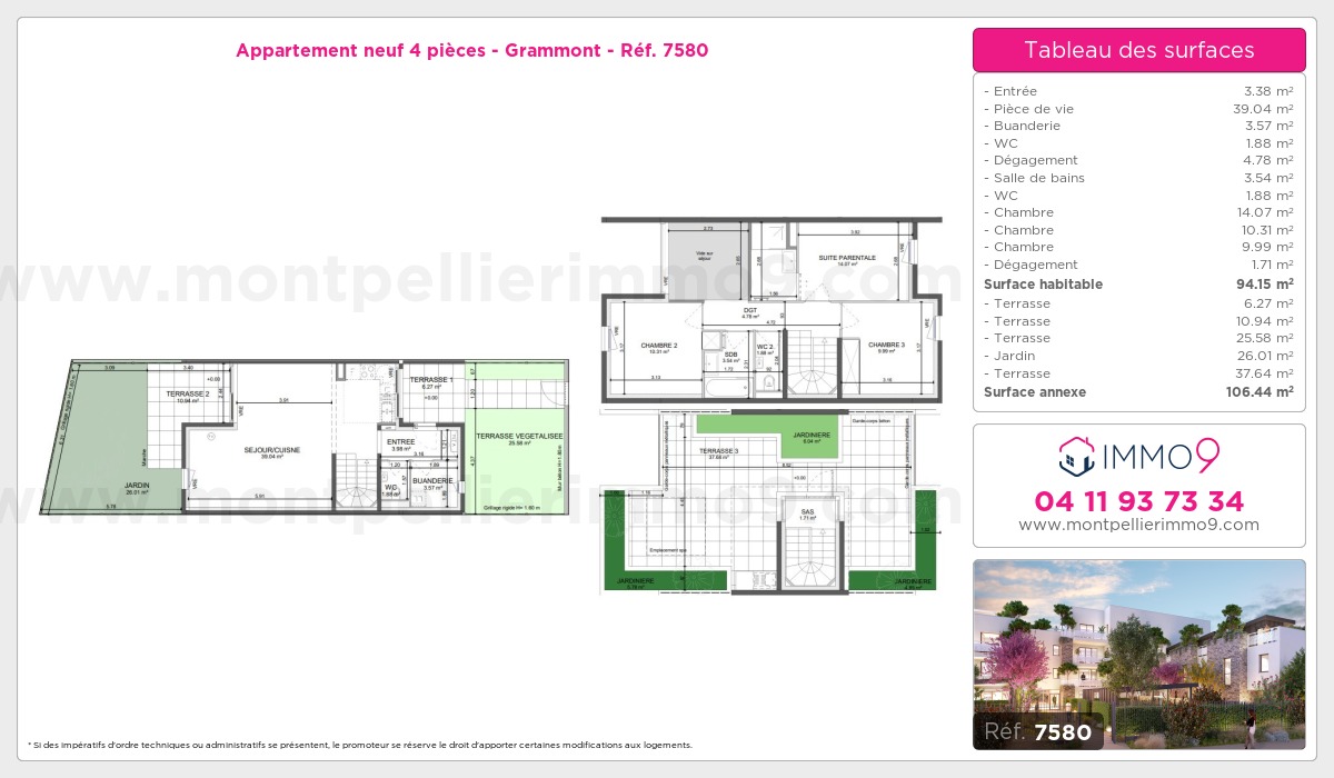 Plan et surfaces, Programme neuf Montpellier : Grammont Référence n° 7580