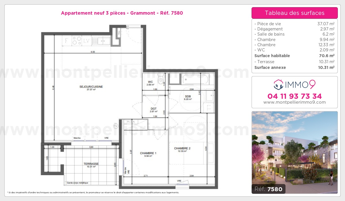 Plan et surfaces, Programme neuf Montpellier : Grammont Référence n° 7580