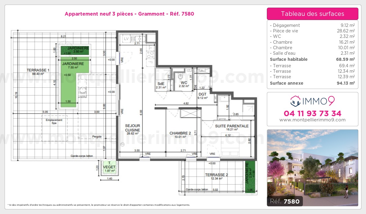 Plan et surfaces, Programme neuf Montpellier : Grammont Référence n° 7580