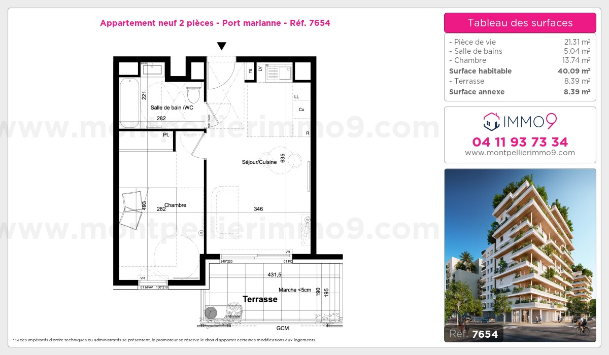 Plan et surfaces, Programme neuf Montpellier : Port marianne Référence n° 7654