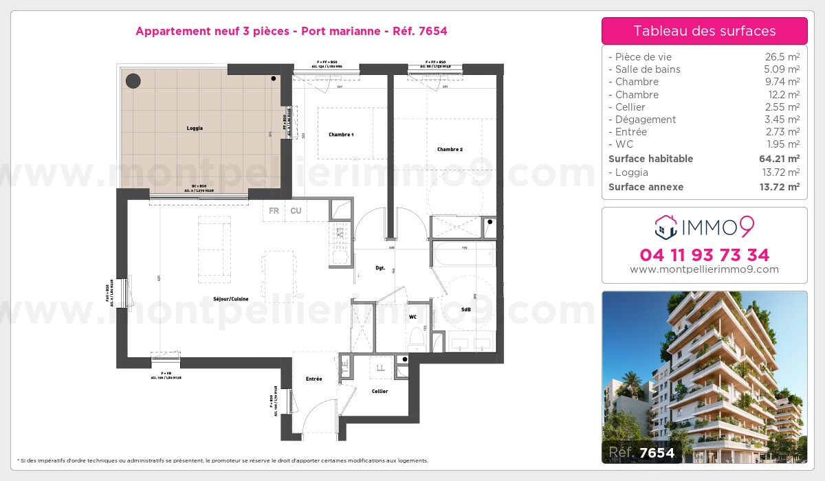 Plan et surfaces, Programme neuf Montpellier : Port marianne Référence n° 7654