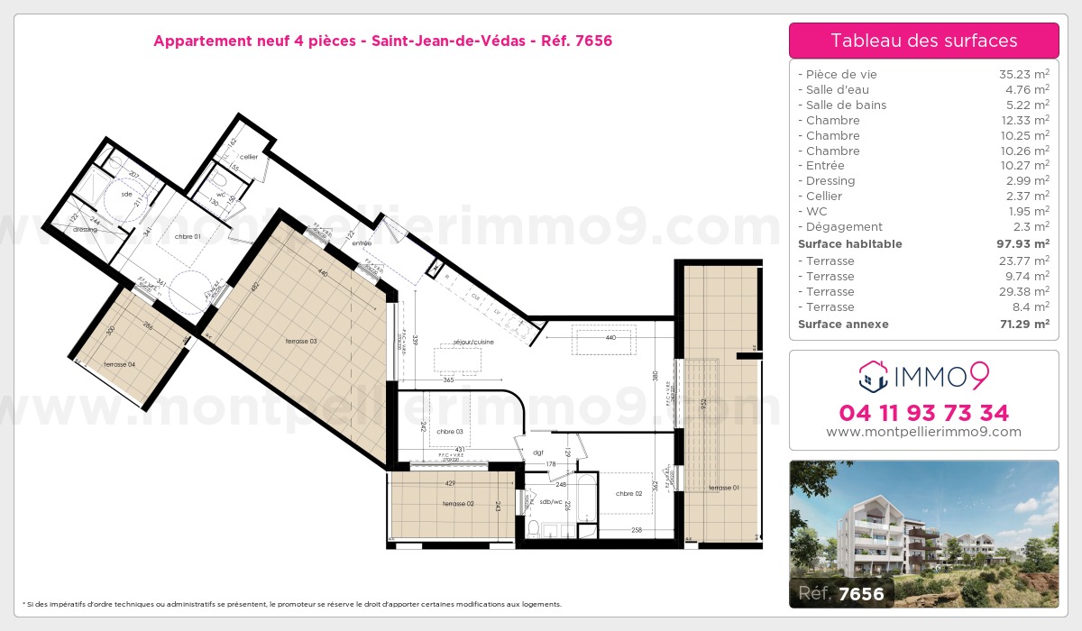 Plan et surfaces, Programme neuf Saint-Jean-de-Védas Référence n° 7656