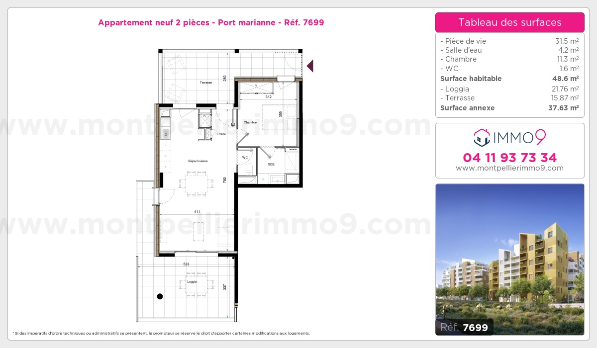 Plan et surfaces, Programme neuf Montpellier : Port marianne Référence n° 7699