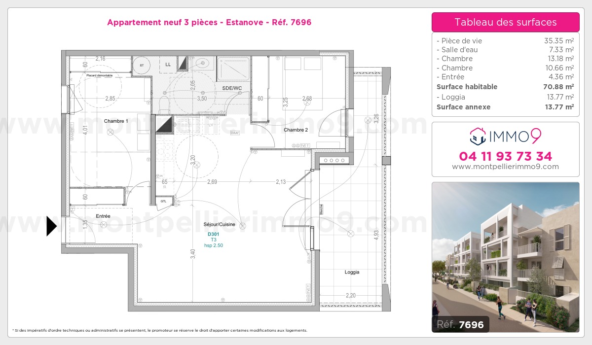 Plan et surfaces, Programme neuf Montpellier : Estanove Référence n° 7696