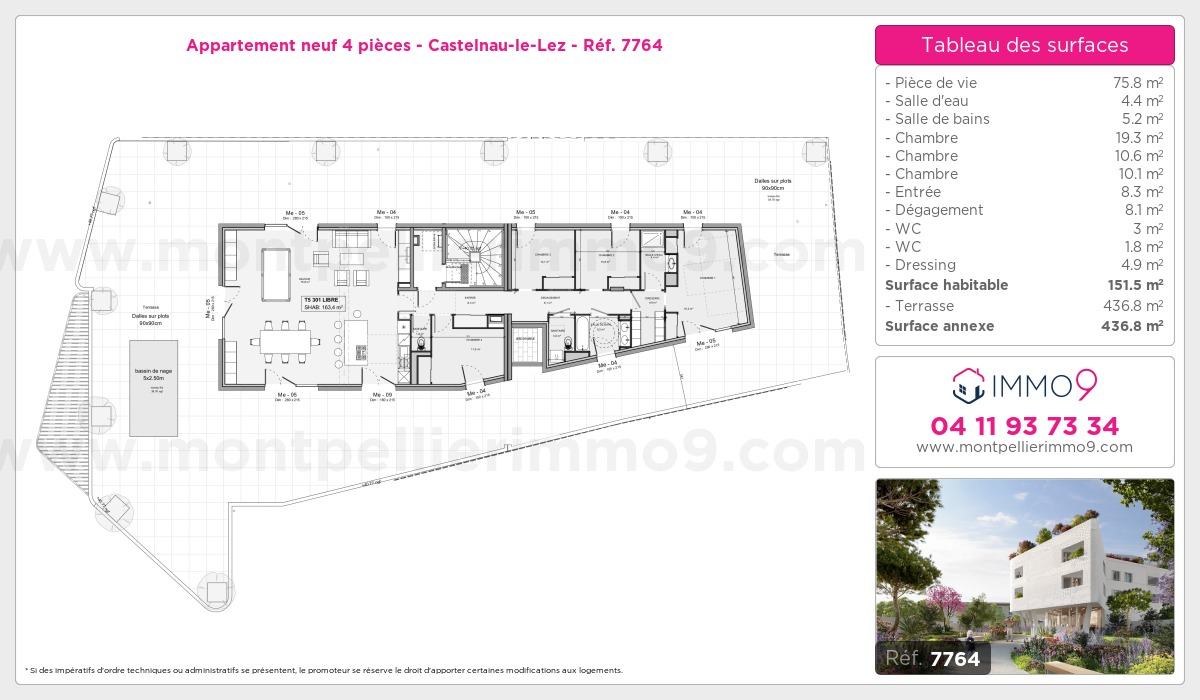 Plan et surfaces, Programme neuf Castelnau-le-Lez Référence n° 7764