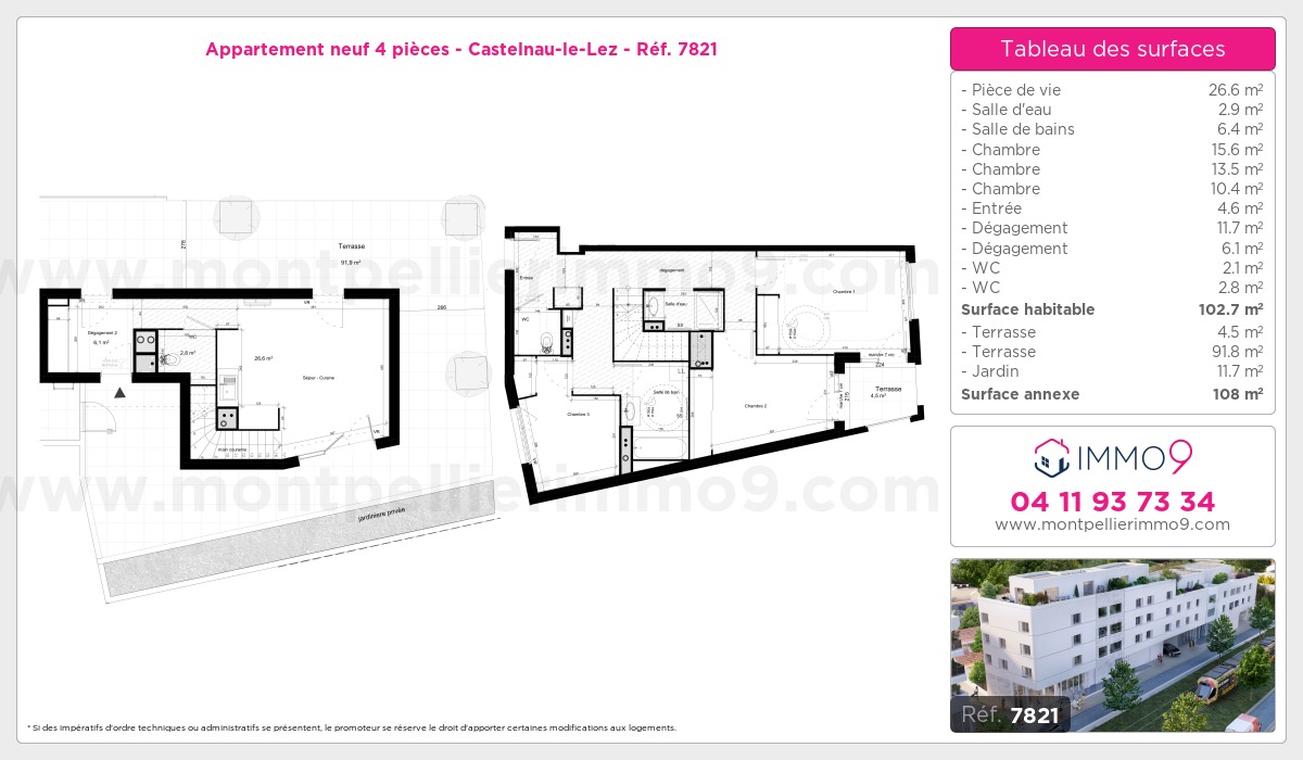 Plan et surfaces, Programme neuf Castelnau-le-Lez Référence n° 7821