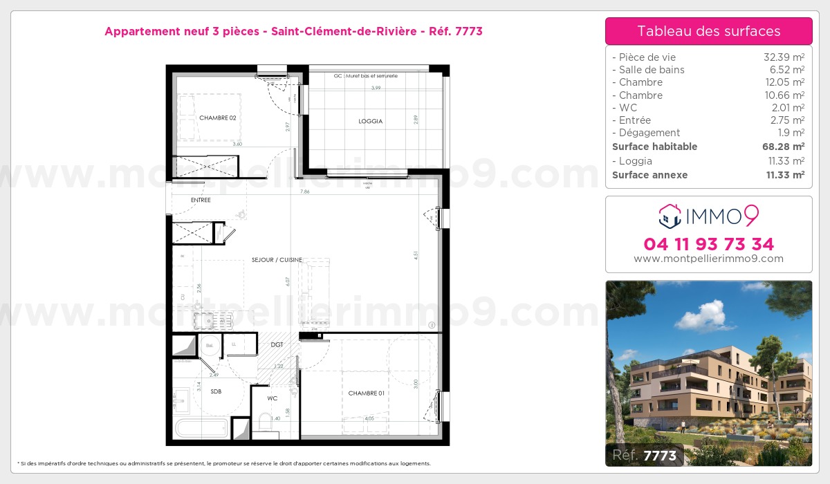 Plan et surfaces, Programme neuf Saint-Clément-de-Rivière Référence n° 7773