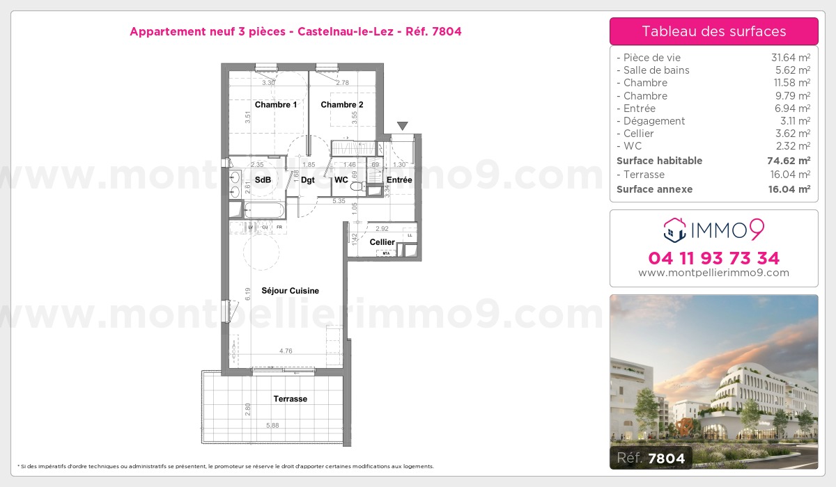 Plan et surfaces, Programme neuf Castelnau-le-Lez Référence n° 7804