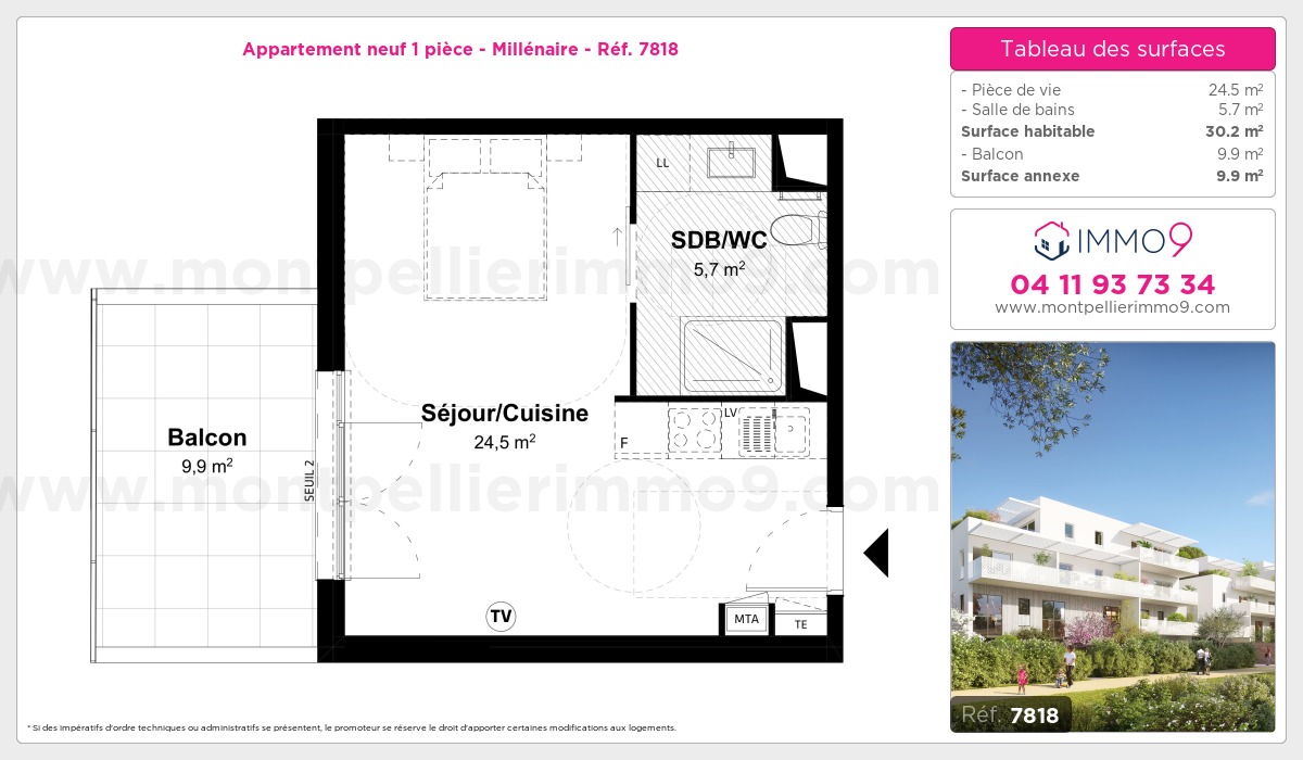 Plan et surfaces, Programme neuf Montpellier : Millénaire Référence n° 7818