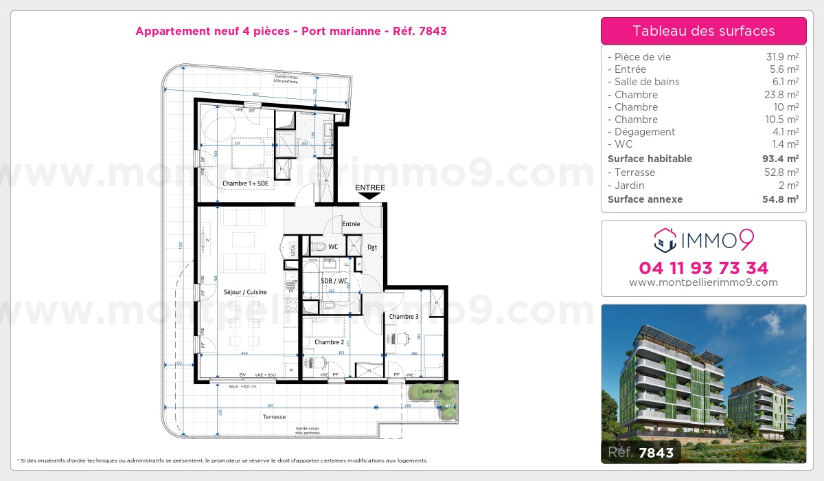 Plan et surfaces, Programme neuf Montpellier : Port marianne Référence n° 7843