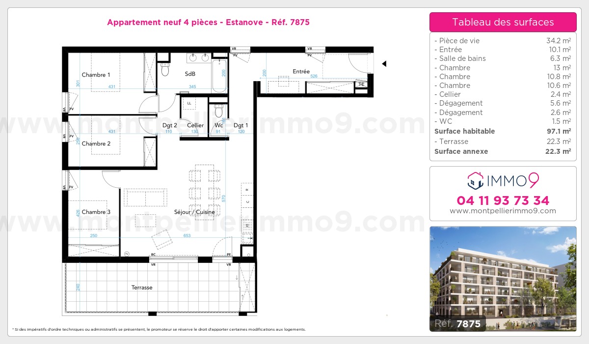 Plan et surfaces, Programme neuf Montpellier : Estanove Référence n° 7875