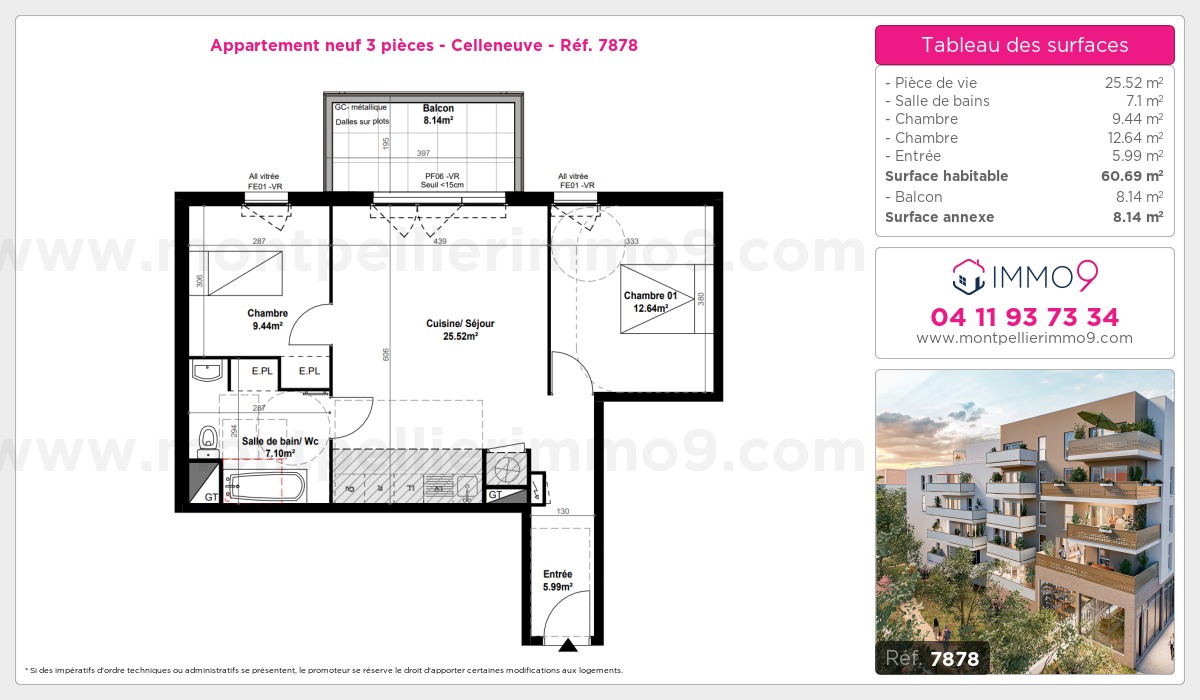 Plan et surfaces, Programme neuf Montpellier : Celleneuve Référence n° 7878