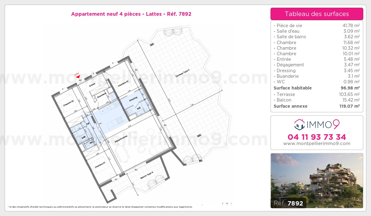 Plan et surfaces, Programme neuf Lattes Référence n° 7892