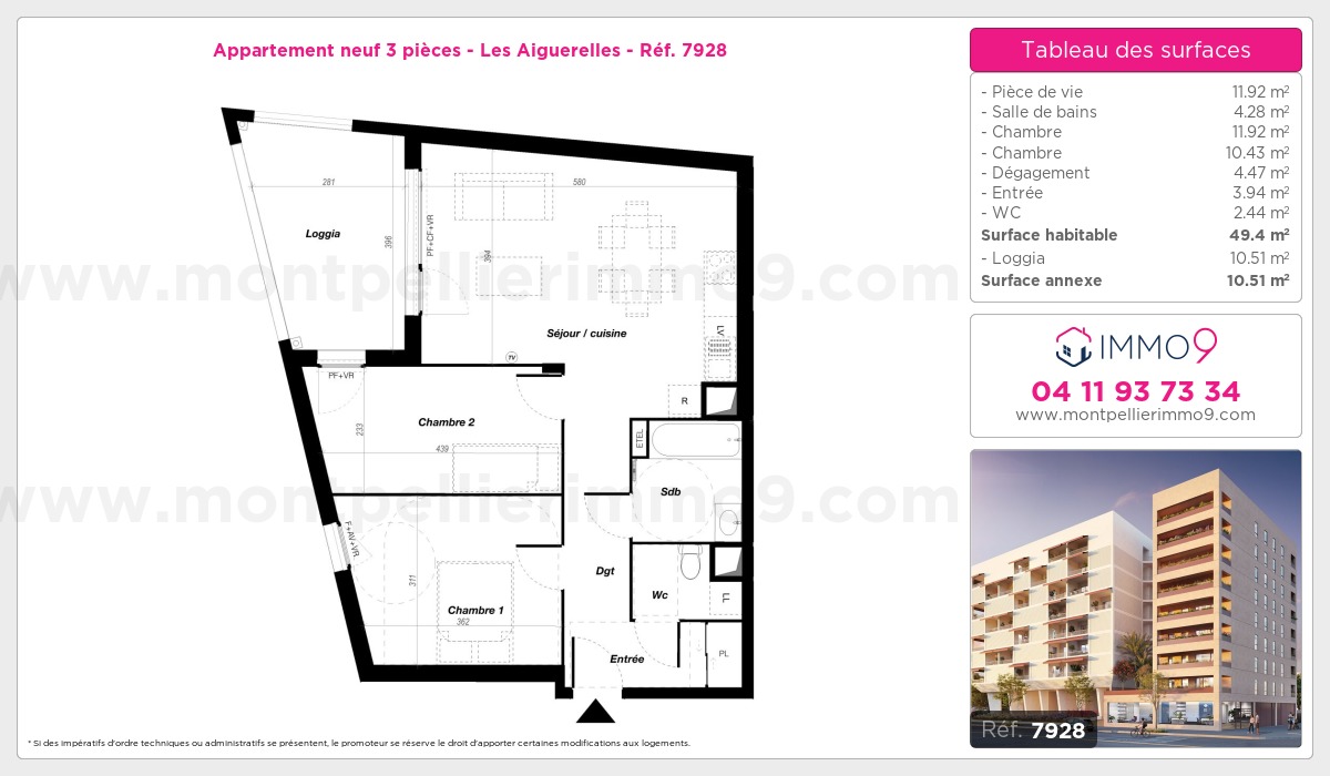 Plan et surfaces, Programme neuf Montpellier : Aiguerelles Référence n° 7928