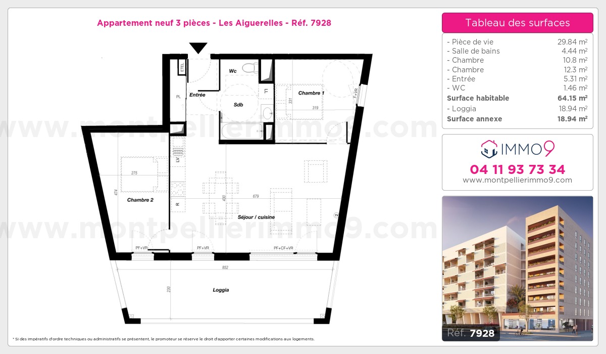 Plan et surfaces, Programme neuf Montpellier : Aiguerelles Référence n° 7928