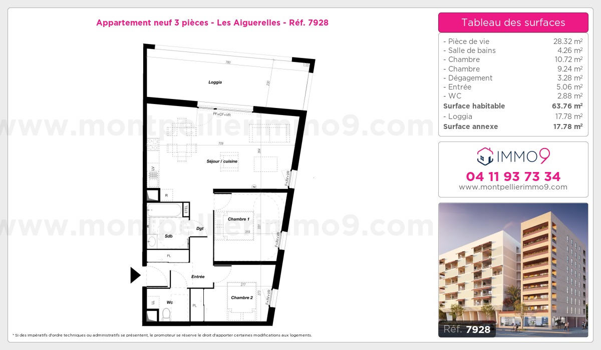 Plan et surfaces, Programme neuf Montpellier : Aiguerelles Référence n° 7928