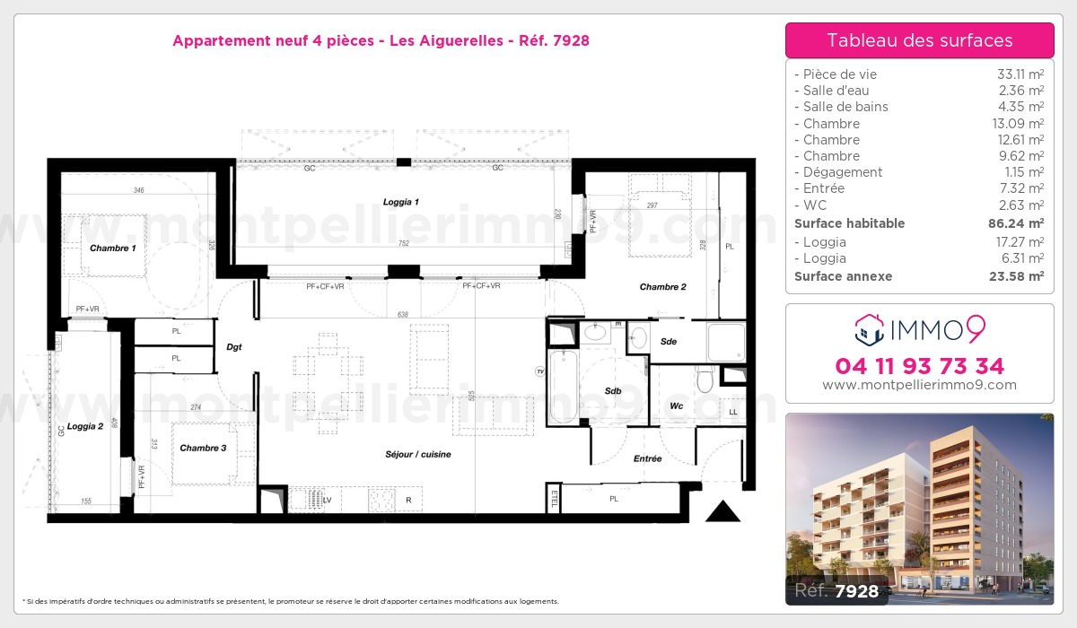 Plan et surfaces, Programme neuf Montpellier : Aiguerelles Référence n° 7928