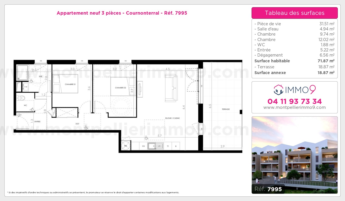 Plan et surfaces, Programme neuf Cournonterral Référence n° 7995
