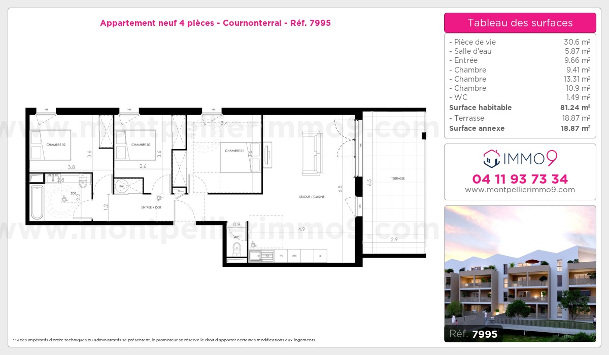 Plan et surfaces, Programme neuf Cournonterral Référence n° 7995
