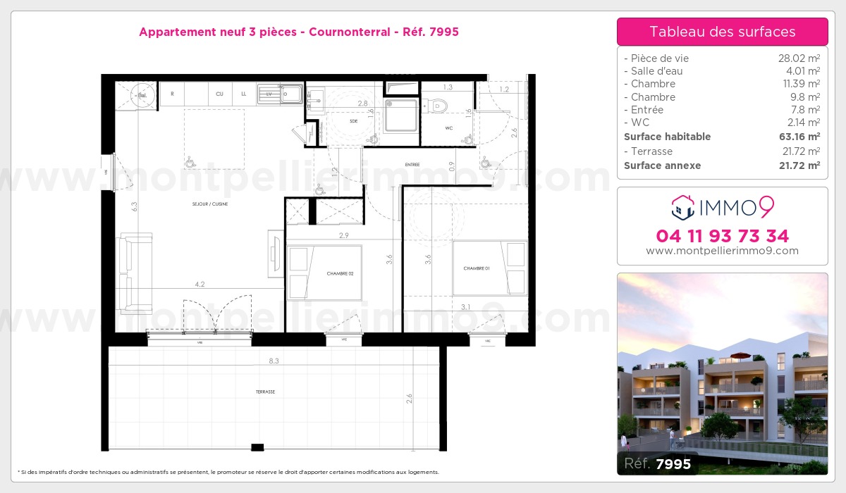 Plan et surfaces, Programme neuf Cournonterral Référence n° 7995