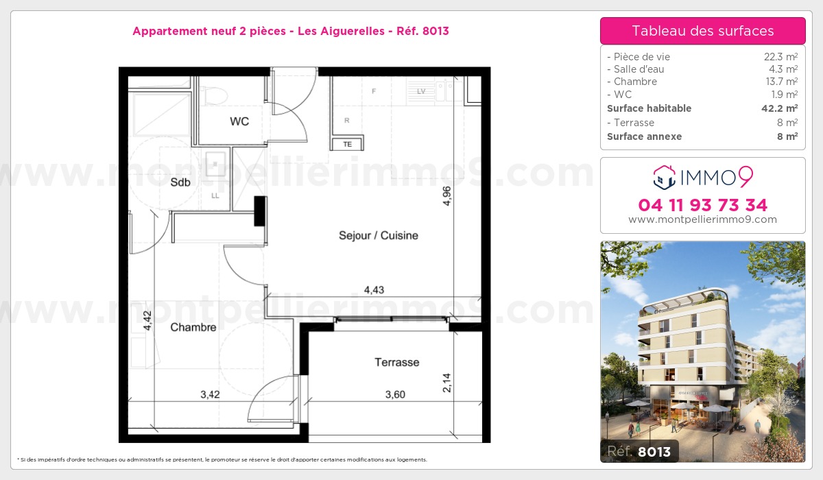 Plan et surfaces, Programme neuf Montpellier : Aiguerelles Référence n° 8013