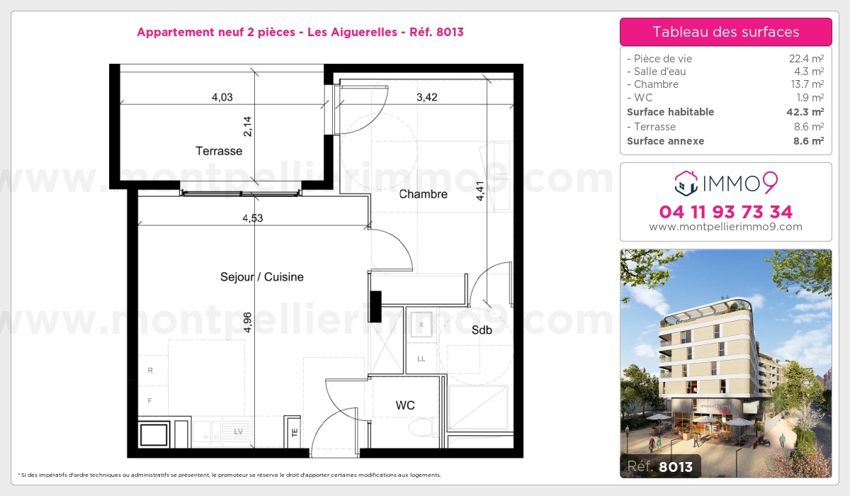 Plan et surfaces, Programme neuf Montpellier : Aiguerelles Référence n° 8013