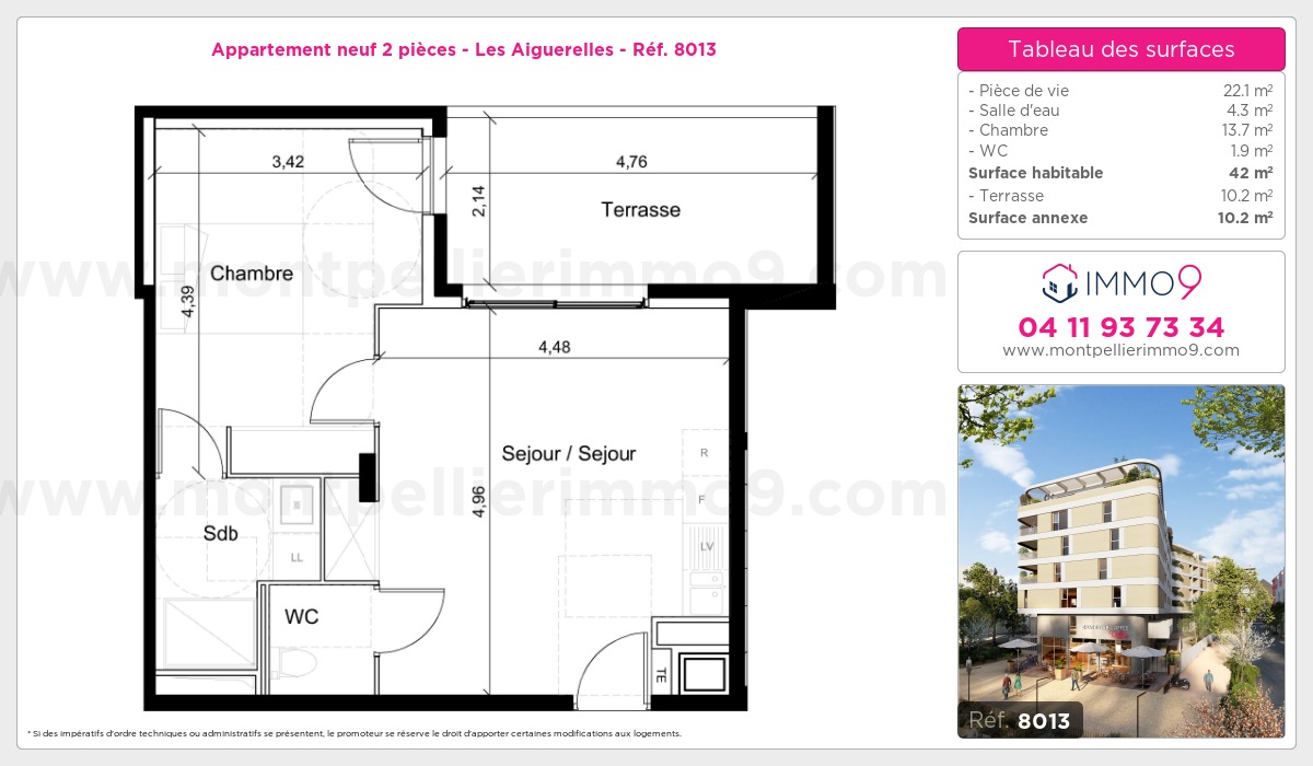 Plan et surfaces, Programme neuf Montpellier : Aiguerelles Référence n° 8013