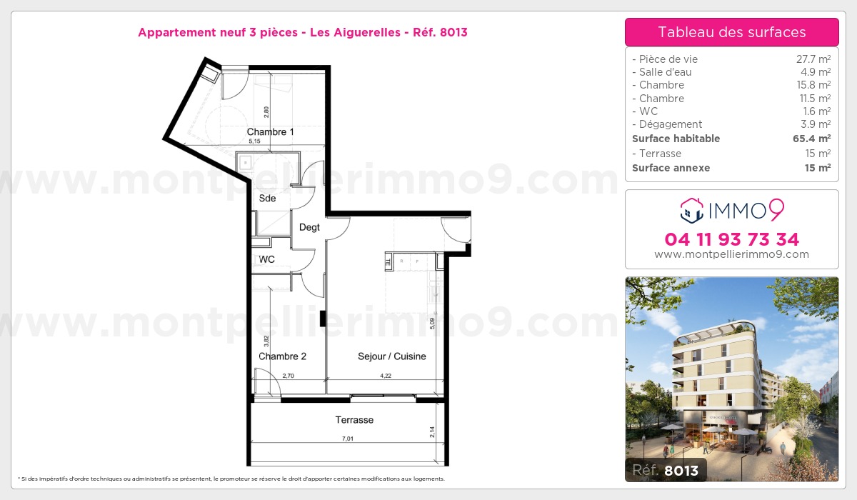 Plan et surfaces, Programme neuf Montpellier : Aiguerelles Référence n° 8013