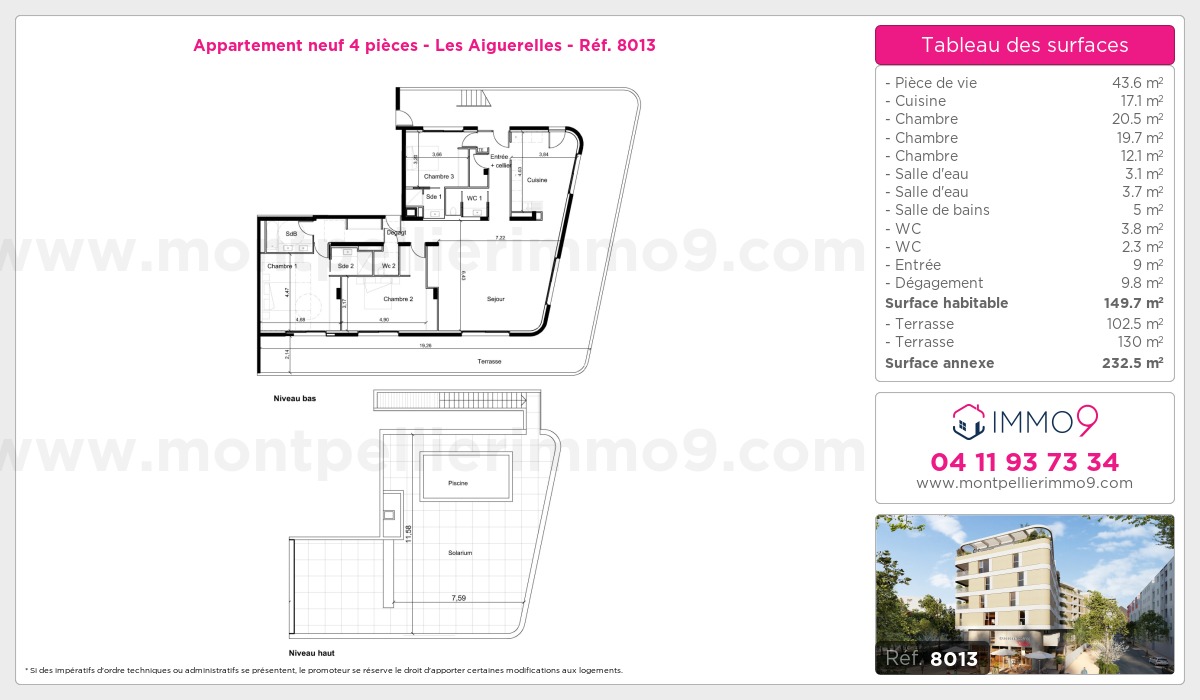 Plan et surfaces, Programme neuf Montpellier : Aiguerelles Référence n° 8013