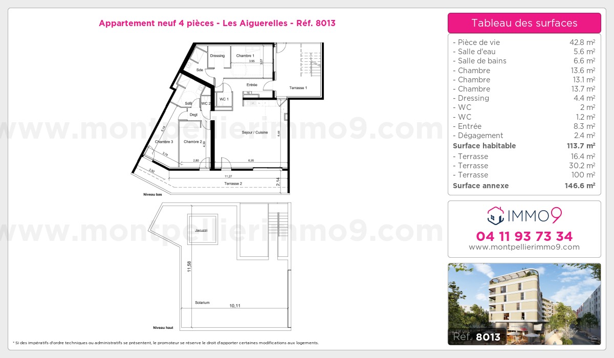 Plan et surfaces, Programme neuf Montpellier : Aiguerelles Référence n° 8013