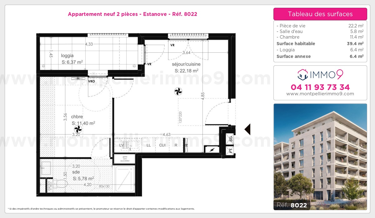 Plan et surfaces, Programme neuf Montpellier : Estanove Référence n° 8022