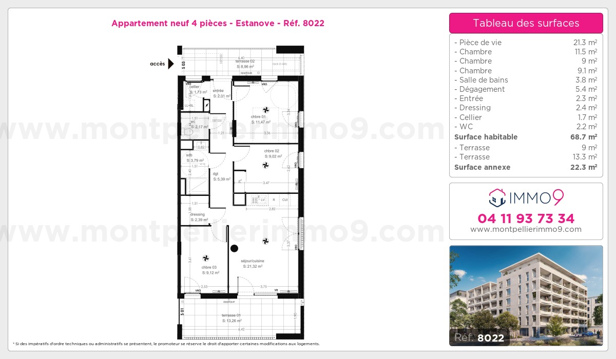 Plan et surfaces, Programme neuf Montpellier : Estanove Référence n° 8022