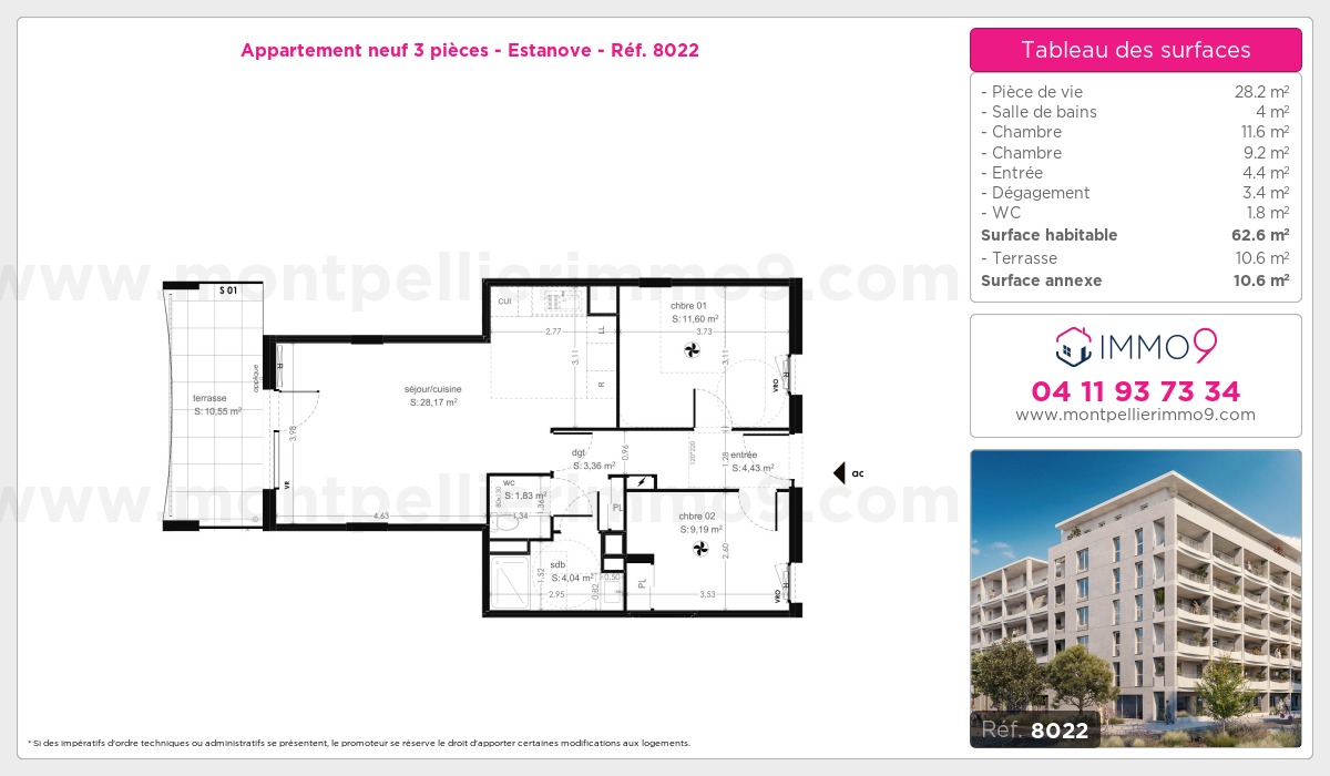 Plan et surfaces, Programme neuf Montpellier : Estanove Référence n° 8022