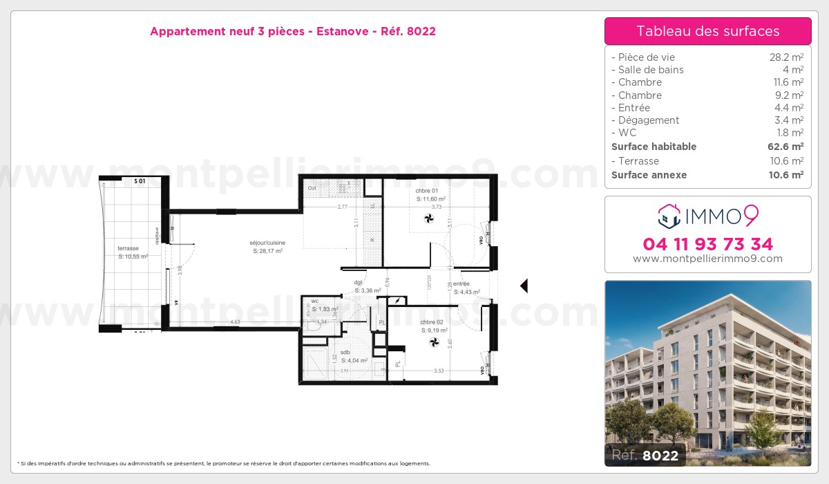 Plan et surfaces, Programme neuf Montpellier : Estanove Référence n° 8022