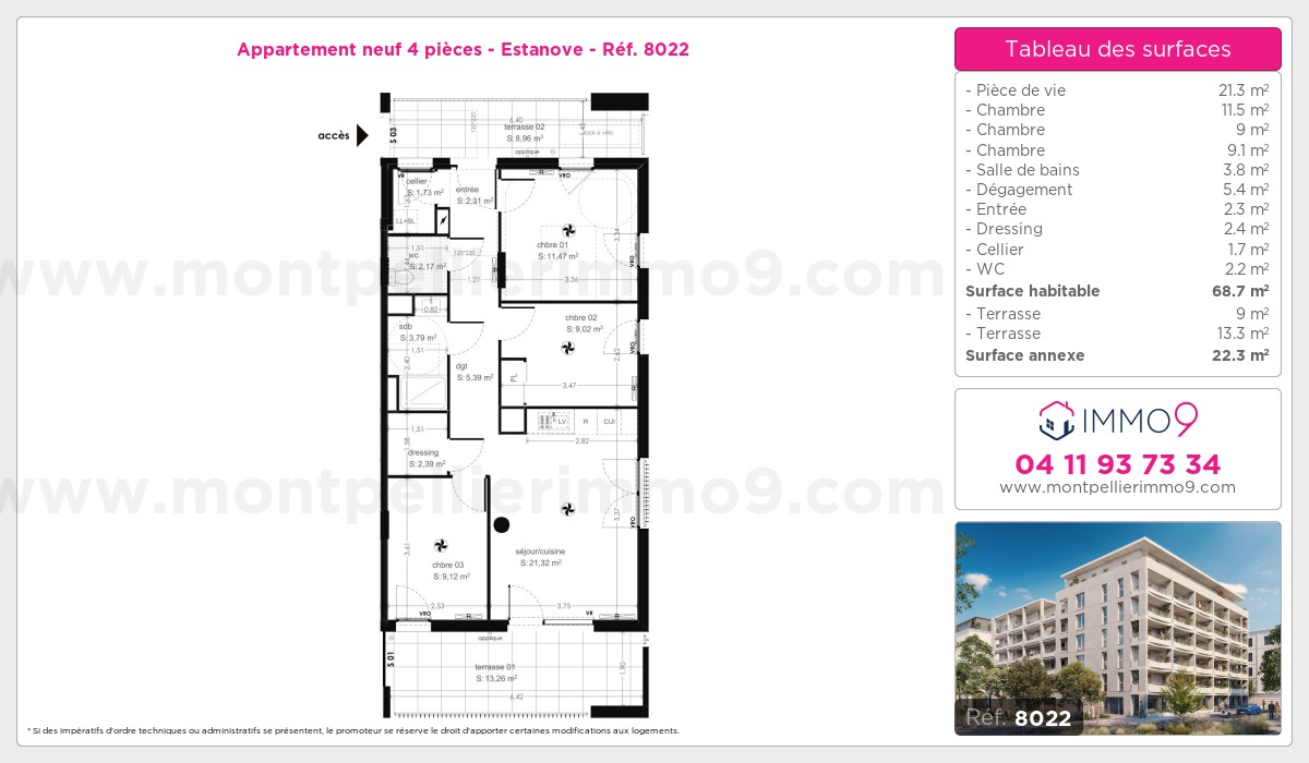 Plan et surfaces, Programme neuf Montpellier : Estanove Référence n° 8022