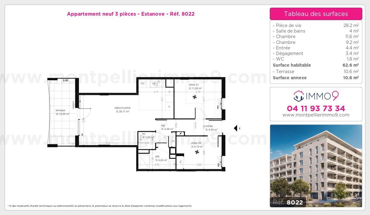 Plan et surfaces, Programme neuf Montpellier : Estanove Référence n° 8022