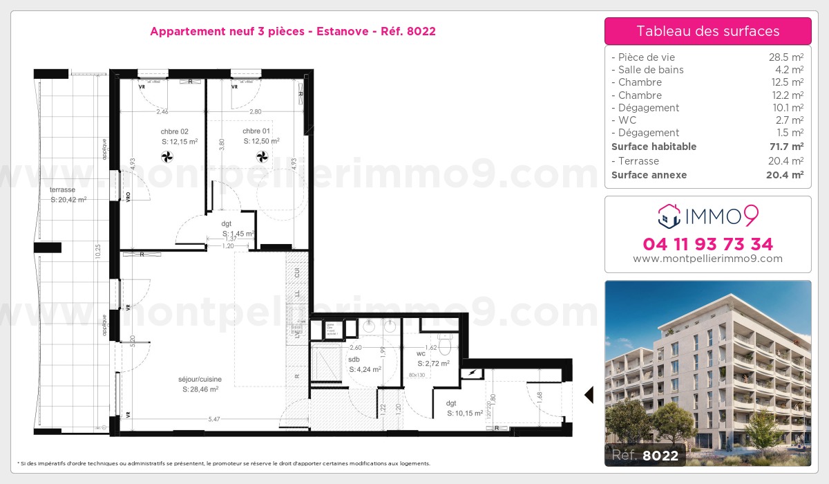 Plan et surfaces, Programme neuf Montpellier : Estanove Référence n° 8022