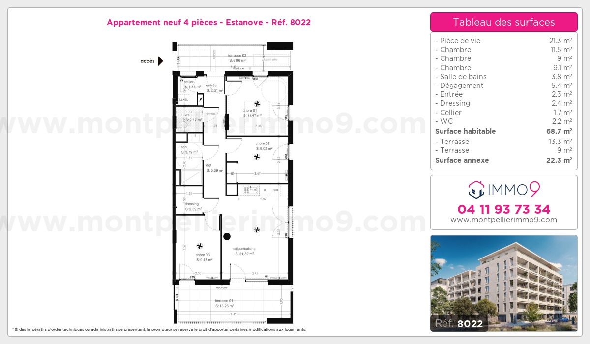 Plan et surfaces, Programme neuf Montpellier : Estanove Référence n° 8022
